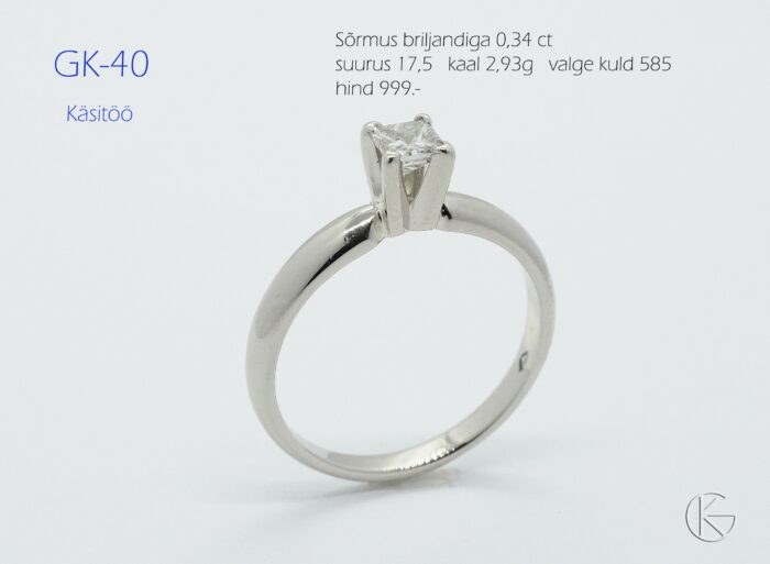 Valgest kullast sõrmus briljandiga