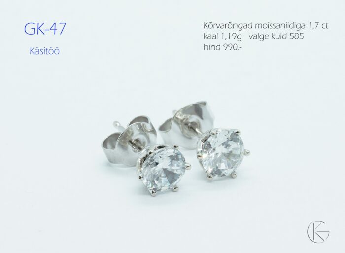 Valgest kullast kõrvarõngad moissaniidiga 1,7ct