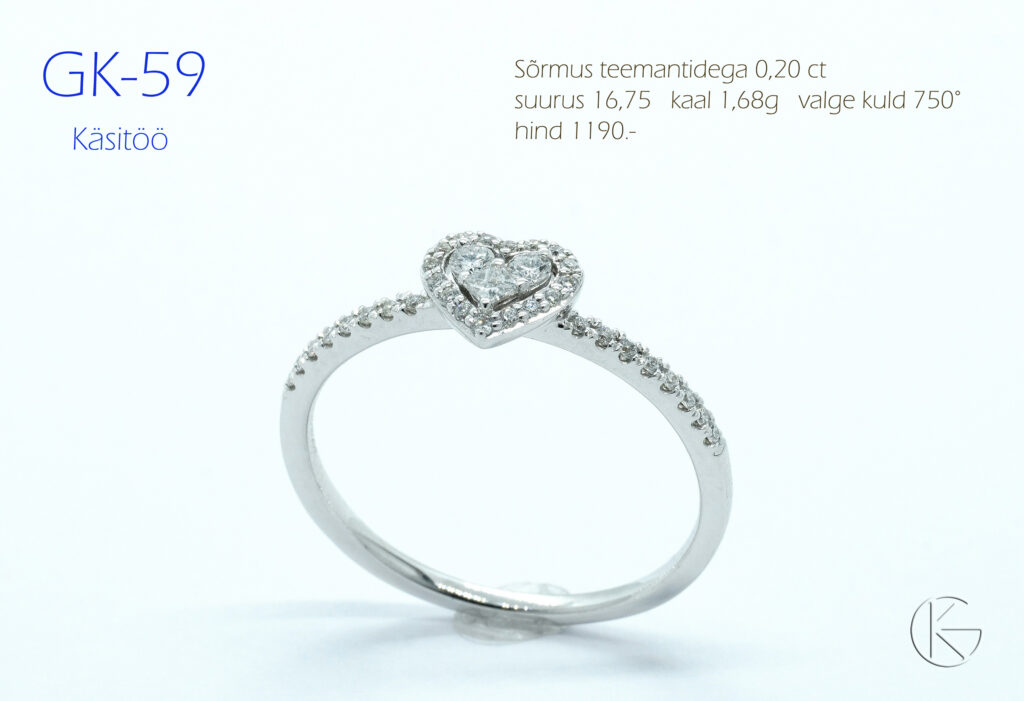 Valgest kullast sõrmus teemantidega proov 750