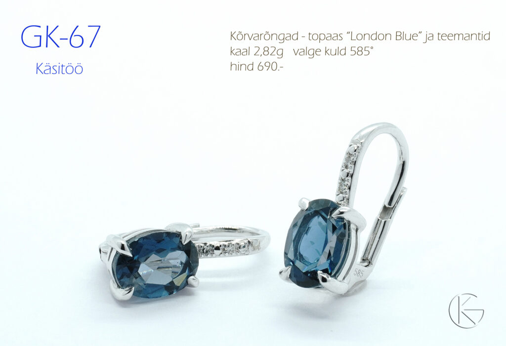 Valgest kullast kõrvarõngad topaas London Blue ja briljantidega