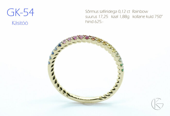 Kollasest kullast sõrmus Rainbow safiiridega proov 750