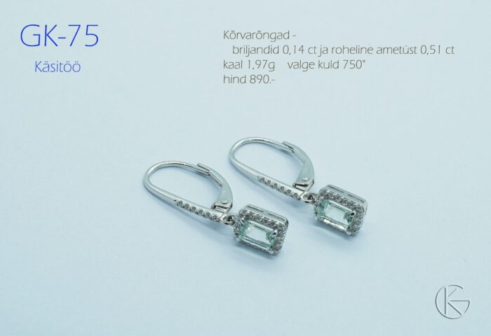 Valgest kullast kõrvarõngad briljantide ja rohelise ametüstiga, proov 750