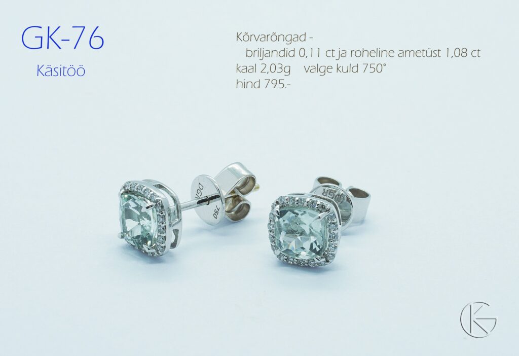 Valgest kullast kõrvarõngad briljantide ja rohelise ametüstiga, proov 750